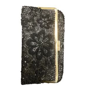 Vintage Purse Women’s One Size Heavily Beaded Lovely Flower Motif Shiny Black